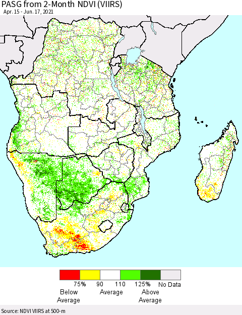 Southern Africa PASG from 2-Month NDVI (VIIRS) Thematic Map For 6/10/2021 - 6/17/2021