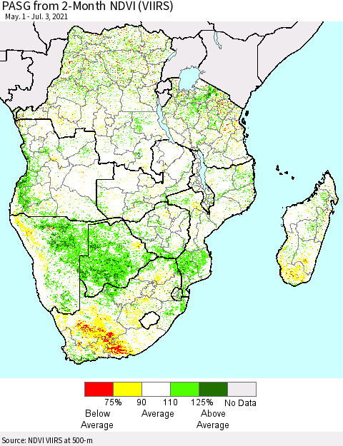Southern Africa PASG from 2-Month NDVI (VIIRS) Thematic Map For 6/26/2021 - 7/3/2021