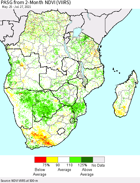 Southern Africa PASG from 2-Month NDVI (VIIRS) Thematic Map For 7/20/2021 - 7/27/2021
