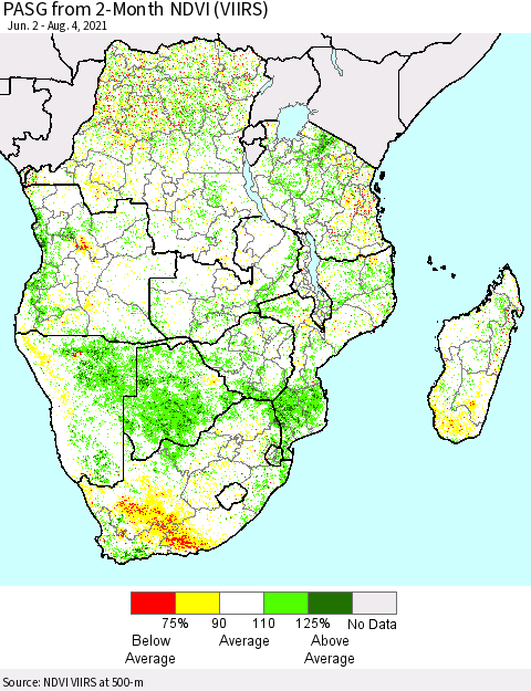 Southern Africa PASG from 2-Month NDVI (VIIRS) Thematic Map For 7/28/2021 - 8/4/2021