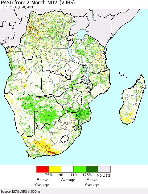 Southern Africa PASG from 2-Month NDVI (VIIRS) Thematic Map For 8/21/2021 - 8/28/2021