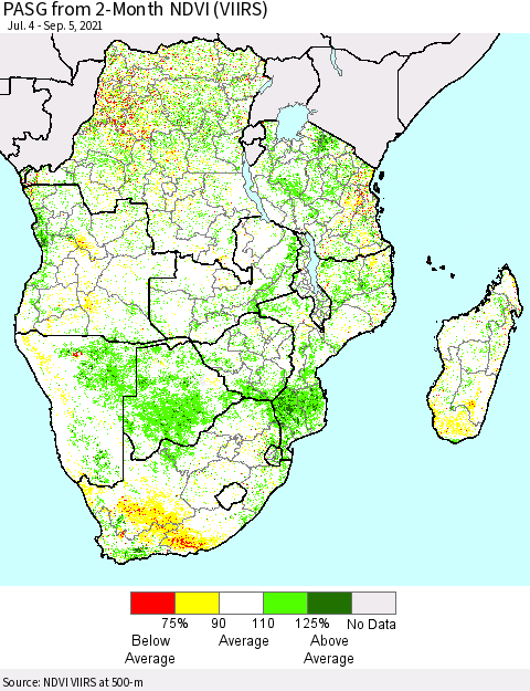 Southern Africa PASG from 2-Month NDVI (VIIRS) Thematic Map For 8/29/2021 - 9/5/2021