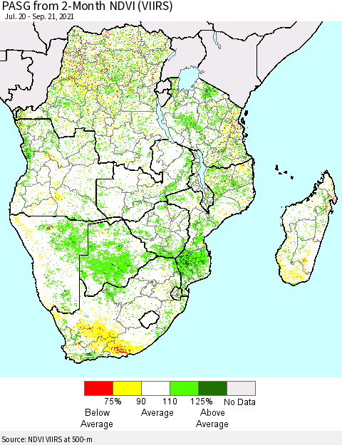 Southern Africa PASG from 2-Month NDVI (VIIRS) Thematic Map For 9/14/2021 - 9/21/2021
