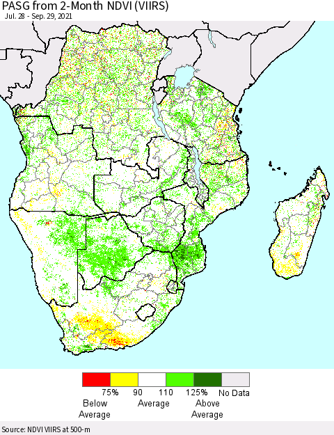 Southern Africa PASG from 2-Month NDVI (VIIRS) Thematic Map For 9/22/2021 - 9/29/2021