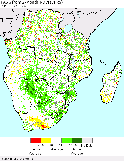 Southern Africa PASG from 2-Month NDVI (VIIRS) Thematic Map For 10/24/2021 - 10/31/2021