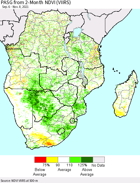 Southern Africa PASG from 2-Month NDVI (VIIRS) Thematic Map For 11/1/2021 - 11/8/2021