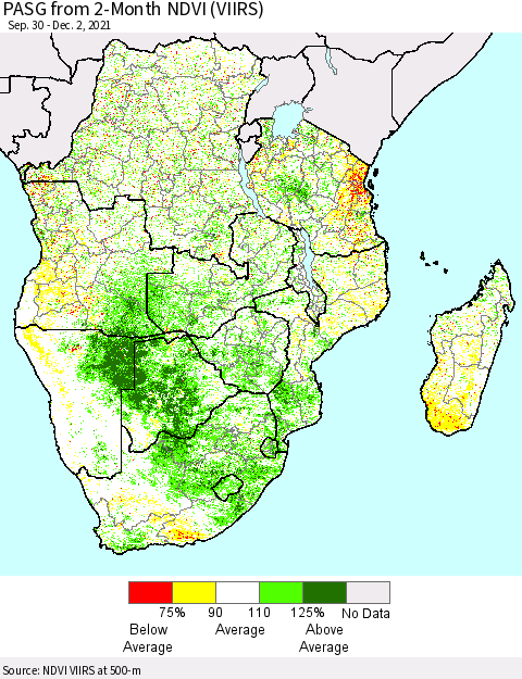 Southern Africa PASG from 2-Month NDVI (VIIRS) Thematic Map For 11/25/2021 - 12/2/2021