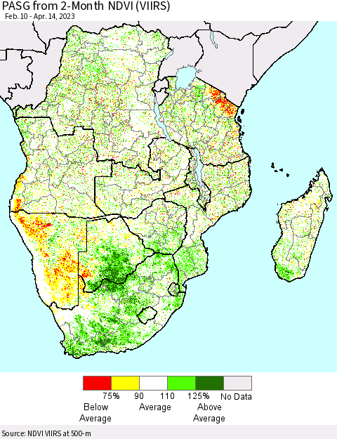 Southern Africa PASG from 2-Month NDVI (VIIRS) Thematic Map For 4/7/2023 - 4/14/2023