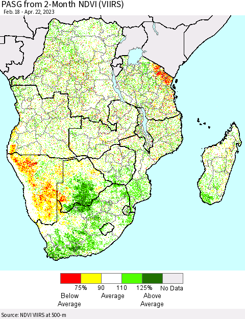 Southern Africa PASG from 2-Month NDVI (VIIRS) Thematic Map For 4/15/2023 - 4/22/2023