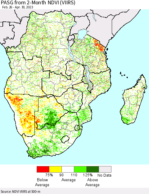 Southern Africa PASG from 2-Month NDVI (VIIRS) Thematic Map For 4/23/2023 - 4/30/2023