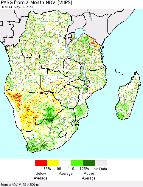 Southern Africa PASG from 2-Month NDVI (VIIRS) Thematic Map For 5/9/2023 - 5/16/2023