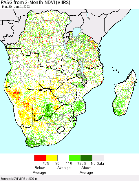 Southern Africa PASG from 2-Month NDVI (VIIRS) Thematic Map For 5/25/2023 - 6/1/2023