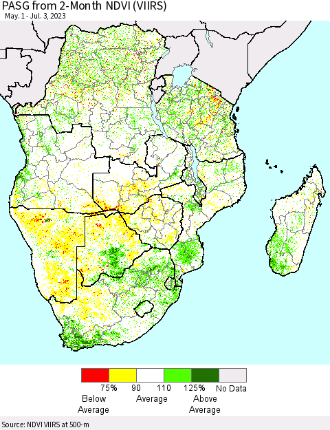 Southern Africa PASG from 2-Month NDVI (VIIRS) Thematic Map For 6/26/2023 - 7/3/2023