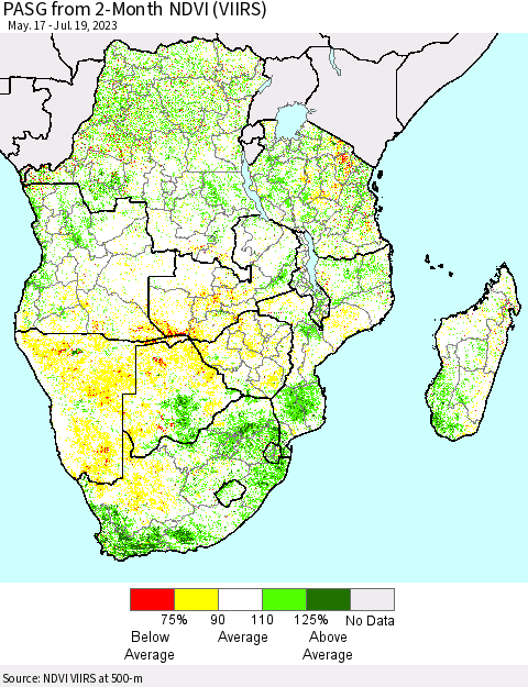 Southern Africa PASG from 2-Month NDVI (VIIRS) Thematic Map For 7/12/2023 - 7/19/2023