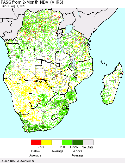 Southern Africa PASG from 2-Month NDVI (VIIRS) Thematic Map For 7/28/2023 - 8/4/2023