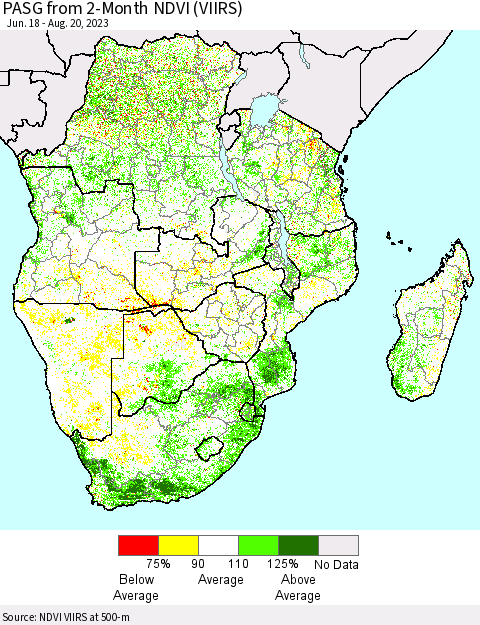Southern Africa PASG from 2-Month NDVI (VIIRS) Thematic Map For 8/13/2023 - 8/20/2023