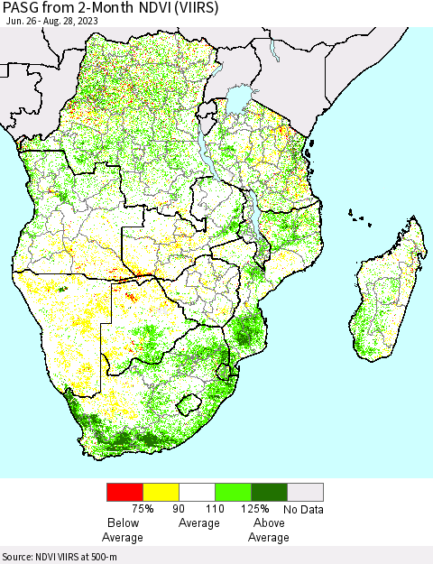 Southern Africa PASG from 2-Month NDVI (VIIRS) Thematic Map For 8/21/2023 - 8/28/2023
