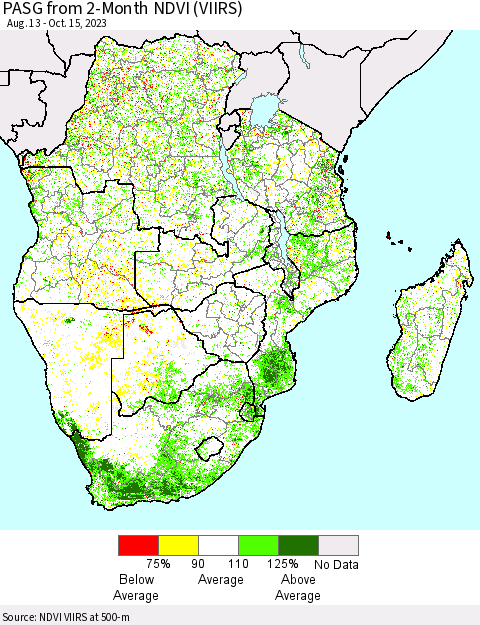 Southern Africa PASG from 2-Month NDVI (VIIRS) Thematic Map For 10/8/2023 - 10/15/2023