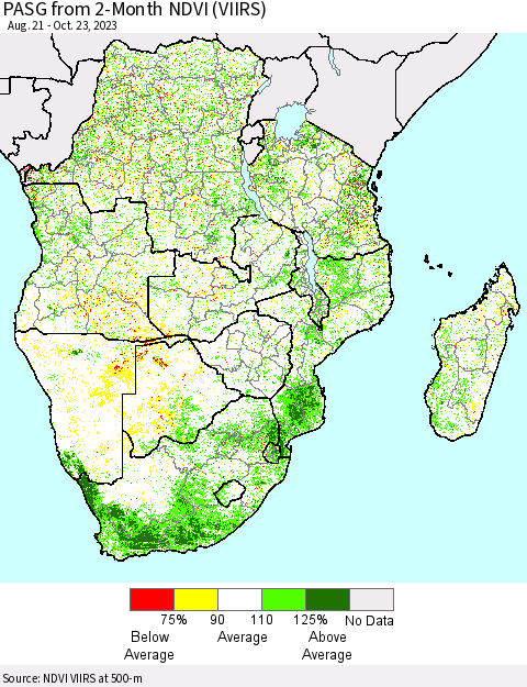 Southern Africa PASG from 2-Month NDVI (VIIRS) Thematic Map For 10/16/2023 - 10/23/2023