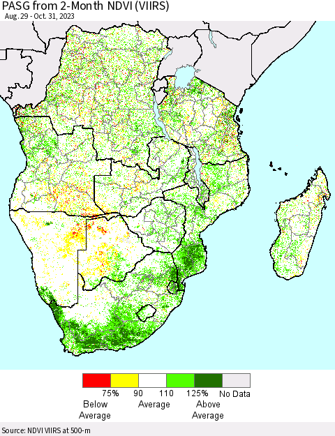 Southern Africa PASG from 2-Month NDVI (VIIRS) Thematic Map For 10/24/2023 - 10/31/2023
