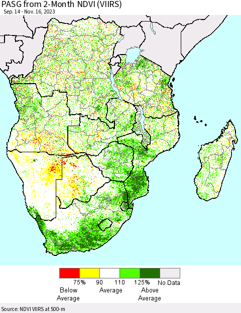Southern Africa PASG from 2-Month NDVI (VIIRS) Thematic Map For 11/9/2023 - 11/16/2023