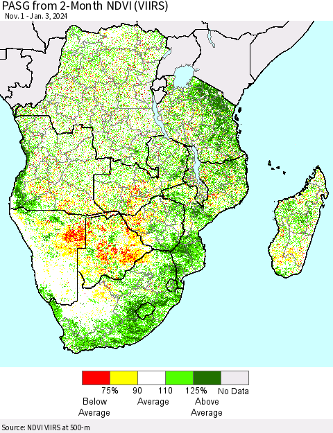 Southern Africa PASG from 2-Month NDVI (VIIRS) Thematic Map For 12/27/2023 - 1/3/2024