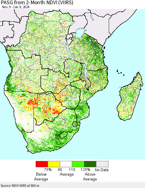 Southern Africa PASG from 2-Month NDVI (VIIRS) Thematic Map For 1/1/2024 - 1/8/2024