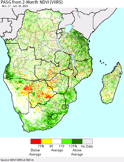 Southern Africa PASG from 2-Month NDVI (VIIRS) Thematic Map For 1/9/2024 - 1/16/2024