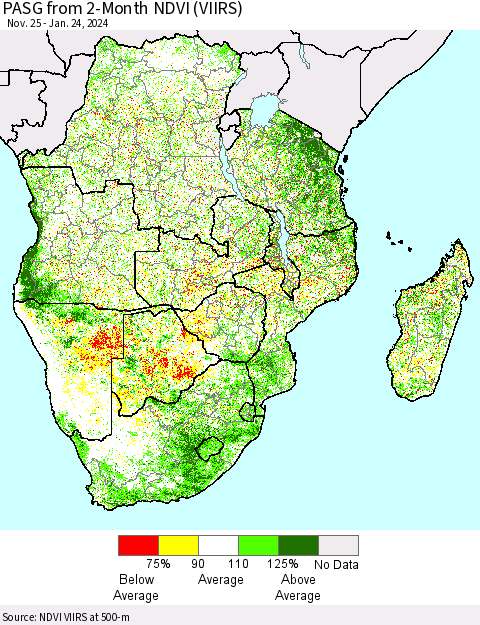 Southern Africa PASG from 2-Month NDVI (VIIRS) Thematic Map For 1/17/2024 - 1/24/2024