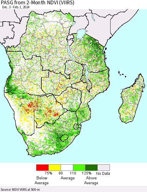 Southern Africa PASG from 2-Month NDVI (VIIRS) Thematic Map For 1/25/2024 - 2/1/2024
