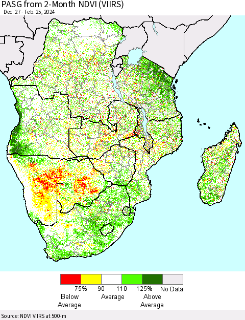 Southern Africa PASG from 2-Month NDVI (VIIRS) Thematic Map For 2/18/2024 - 2/25/2024