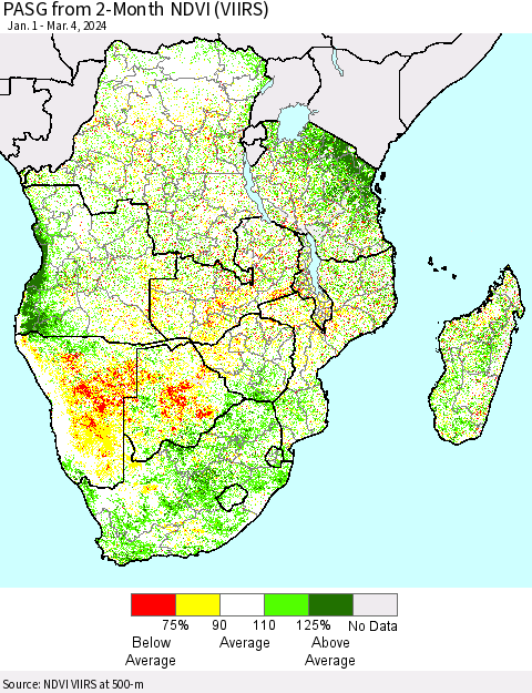 Southern Africa PASG from 2-Month NDVI (VIIRS) Thematic Map For 2/26/2024 - 3/4/2024