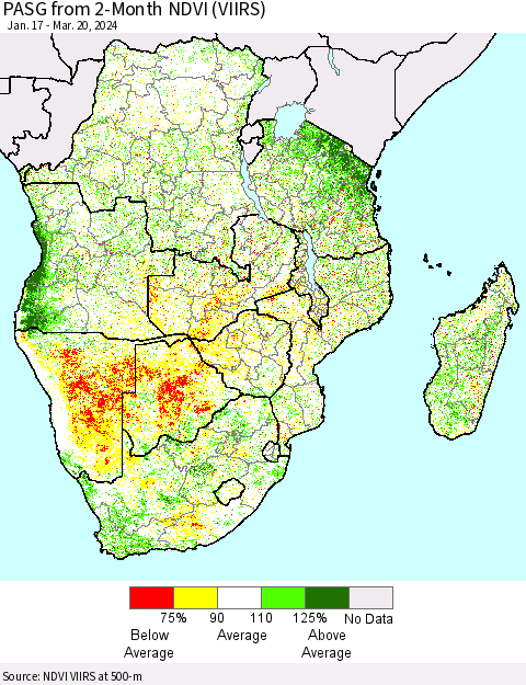 Southern Africa PASG from 2-Month NDVI (VIIRS) Thematic Map For 3/13/2024 - 3/20/2024