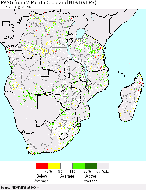 Southern Africa PASG from 2-Month Cropland NDVI (VIIRS) Thematic Map For 8/21/2021 - 8/28/2021