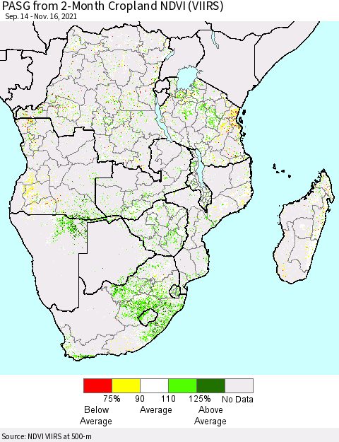 Southern Africa PASG from 2-Month Cropland NDVI (VIIRS) Thematic Map For 11/9/2021 - 11/16/2021