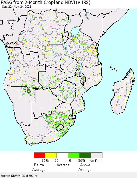 Southern Africa PASG from 2-Month Cropland NDVI (VIIRS) Thematic Map For 11/17/2021 - 11/24/2021