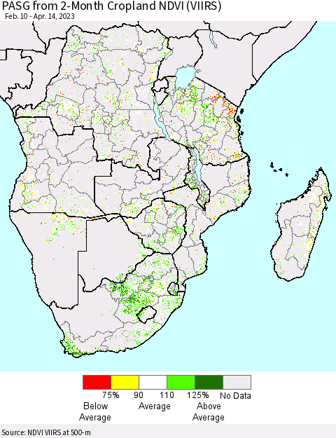 Southern Africa PASG from 2-Month Cropland NDVI (VIIRS) Thematic Map For 4/7/2023 - 4/14/2023