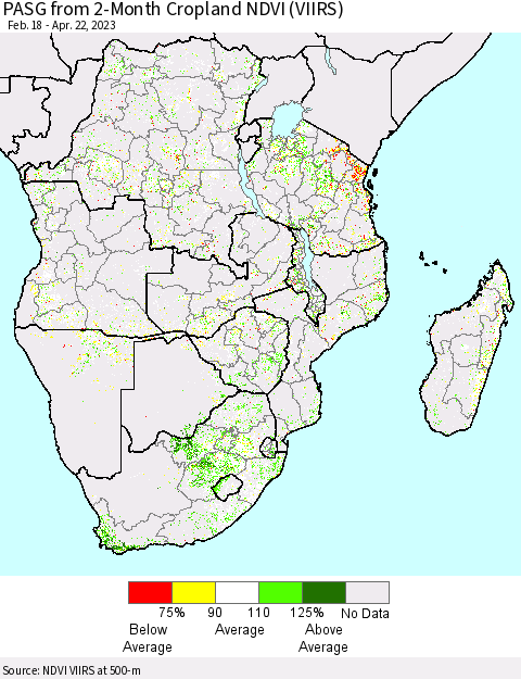 Southern Africa PASG from 2-Month Cropland NDVI (VIIRS) Thematic Map For 4/15/2023 - 4/22/2023