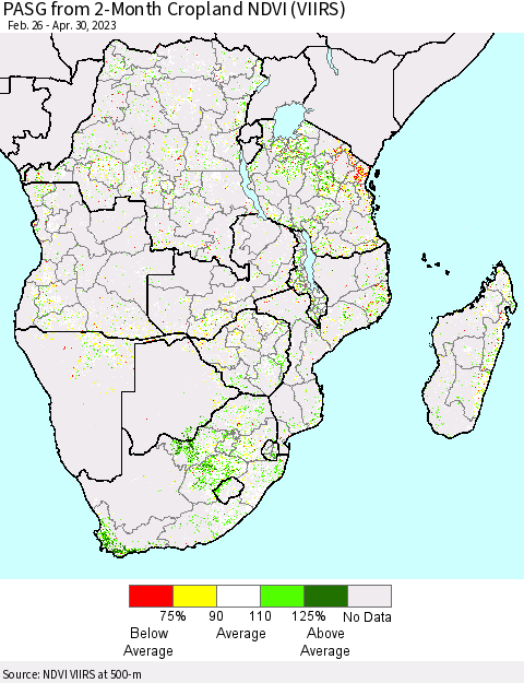 Southern Africa PASG from 2-Month Cropland NDVI (VIIRS) Thematic Map For 4/23/2023 - 4/30/2023