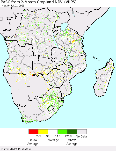 Southern Africa PASG from 2-Month Cropland NDVI (VIIRS) Thematic Map For 7/4/2023 - 7/11/2023