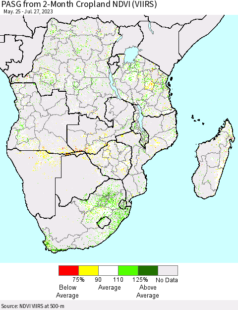Southern Africa PASG from 2-Month Cropland NDVI (VIIRS) Thematic Map For 7/20/2023 - 7/27/2023