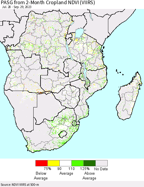 Southern Africa PASG from 2-Month Cropland NDVI (VIIRS) Thematic Map For 9/22/2023 - 9/29/2023