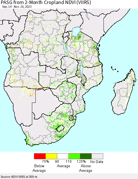 Southern Africa PASG from 2-Month Cropland NDVI (VIIRS) Thematic Map For 11/9/2023 - 11/16/2023