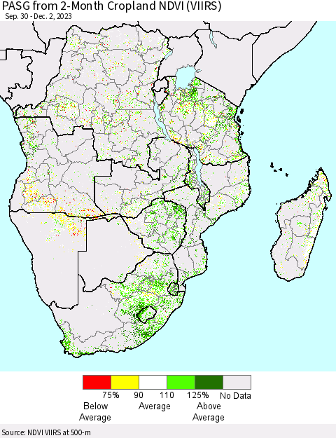 Southern Africa PASG from 2-Month Cropland NDVI (VIIRS) Thematic Map For 11/25/2023 - 12/2/2023