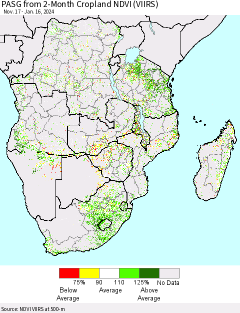 Southern Africa PASG from 2-Month Cropland NDVI (VIIRS) Thematic Map For 1/9/2024 - 1/16/2024