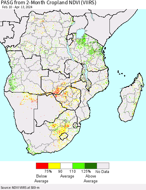 Southern Africa PASG from 2-Month Cropland NDVI (VIIRS) Thematic Map For 4/6/2024 - 4/13/2024