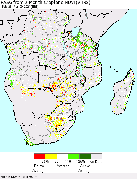 Southern Africa PASG from 2-Month Cropland NDVI (VIIRS) Thematic Map For 4/22/2024 - 4/29/2024