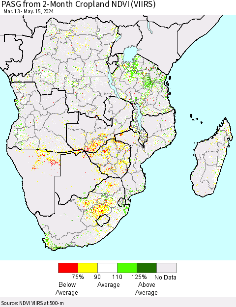 Southern Africa PASG from 2-Month Cropland NDVI (VIIRS) Thematic Map For 5/8/2024 - 5/15/2024