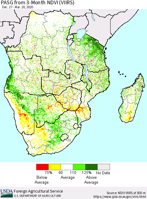 Southern Africa PASG from 3-Month NDVI (VIIRS) Thematic Map For 3/11/2020 - 3/20/2020