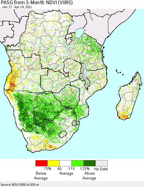 Southern Africa PASG from 3-Month NDVI (VIIRS) Thematic Map For 4/7/2021 - 4/14/2021